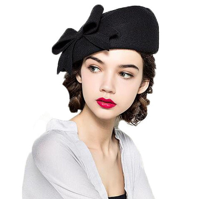 Wool Fascinators Fedora Women Red Church Hats White Black Wedding Ladies Hat Felt Bow Berets Caps Pillbox Hat