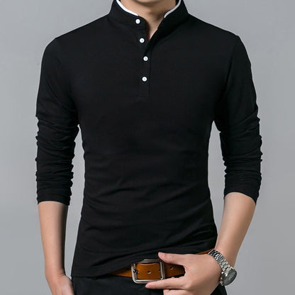 Full Sleeve Tshirt Men Solid Color Mandarin Collar Long Shirt - T-shirts