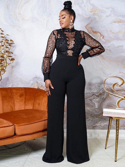 High Neck Sequin Lace See Through Long Sleeve Wide Leg Rompers