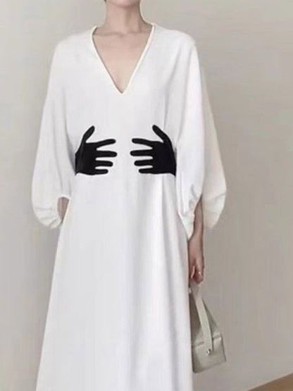 Spring New Fashion High Waist Hand Graphic Print V neck Long Sleeve Dress