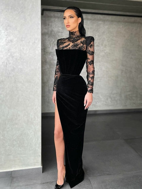 High Neck Long Sleeve Side Split Lace Mermaid Evening Dress