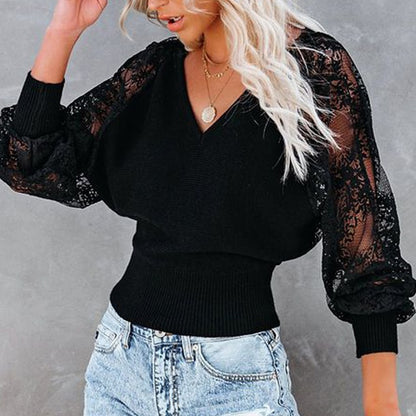 Summer Sexy Backless Women V Neck Solid Blouse Slim Fit Lace Patchwork TopsSleeve Shirts - Women Blouse