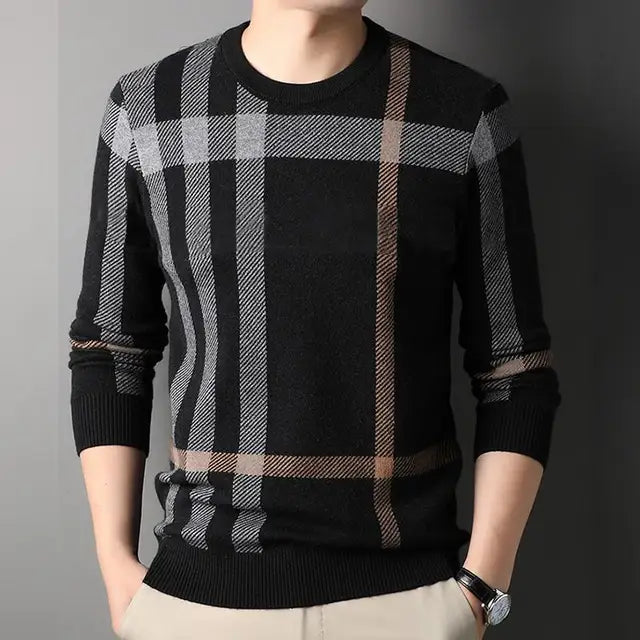 Men's Classic Plaid Wool Knit Sweater - Long Sleeve Pullover