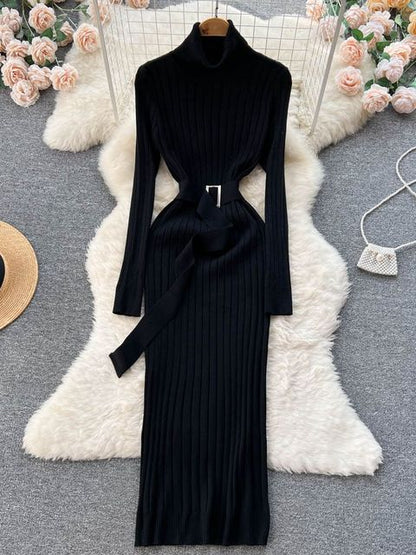 Winter Turtleneck Knitted Sweater Dress with Belt - Azahshopping