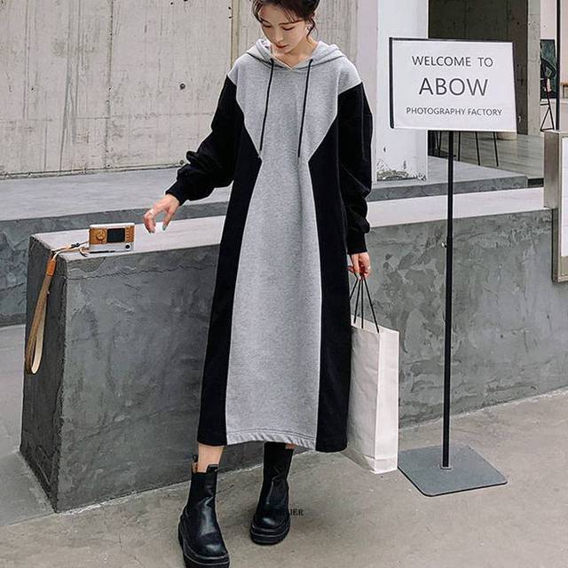 Hooded Long Loose Patchwork Sweatshirt Dress