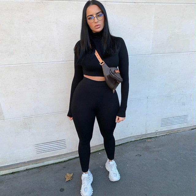 Long Sleeve Crop Tops Tshirt Leggings Pants Set Bodycon Tracksuits