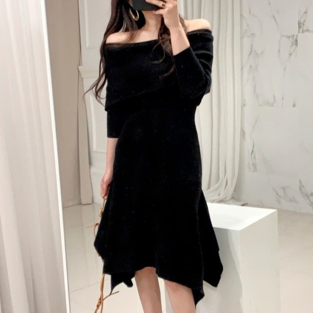 Vintage Sexy Slash Neck Long Sleeve Dress - Azahshopping