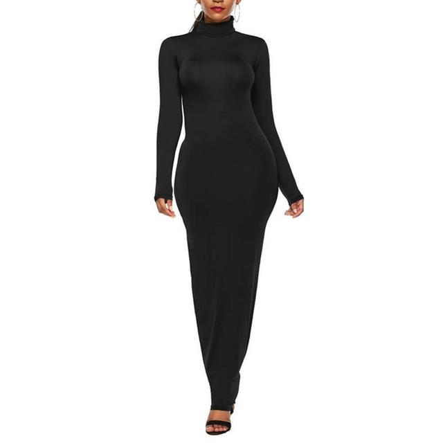 Long Sleeve Turtle Neck Stretchy Bodycon Long Dress - Azahshopping