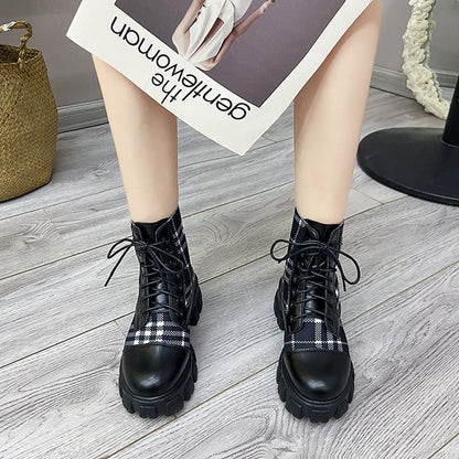 Motorcycle Boots Chunky Heels Casual Lacing Round Toe Platform Boots Shoes for Women