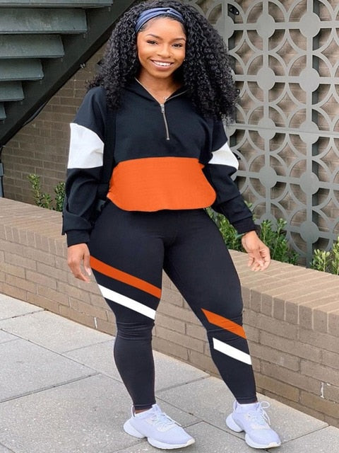 Two Piece Color-lump Tracksuit Pants Set