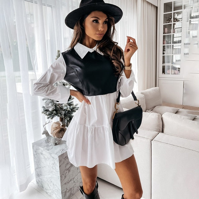 White Long Sleeve Mini Shirt Dress For Women