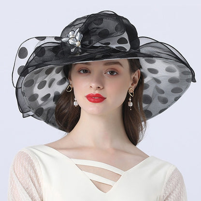 Women Summer Hat Black Dot Pattern Ruffle Wide Brim Ladies Organza Hat