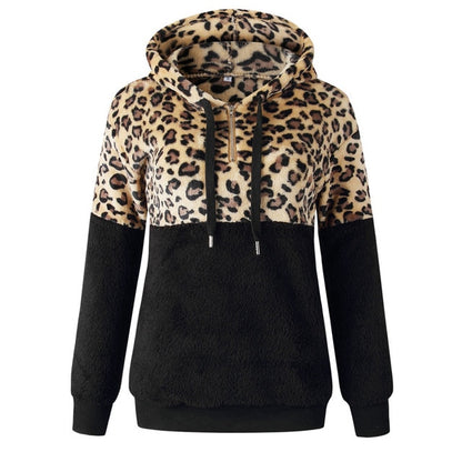 Loose Plush Leopard Patchwork Hoodies for Women with Zipper Tops