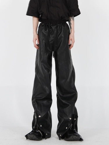 Leather Straight Trousers With Ropes - Leather Pants - Azahshopping