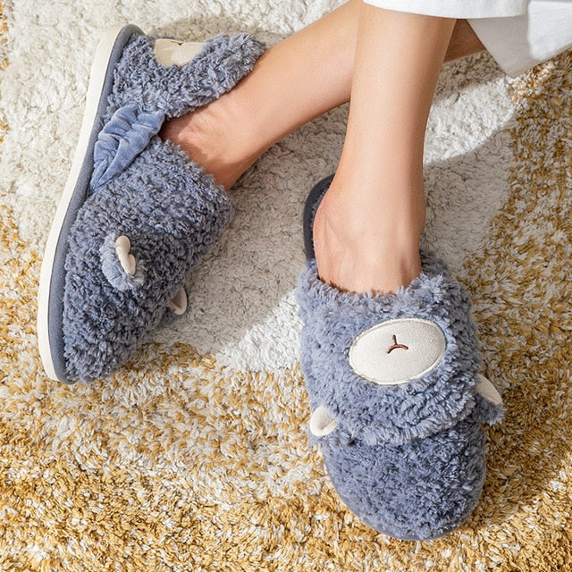 Non-slip Soft Warm House Shoes Men Ladies Indoor Bedroom Couples Cartoon Rabbit Bear Floor Slides