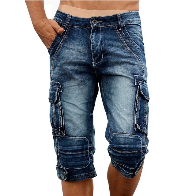 Retro Vintage Acid Washed Faded Multi Pockets Military Style Denim Shorts for Men