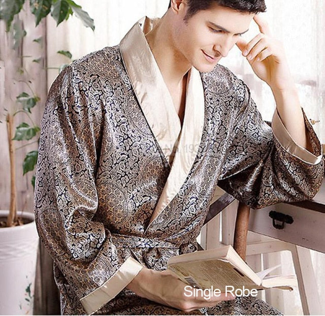 Nightgown Satin Kimono Bathrobe Sleepwear for Men