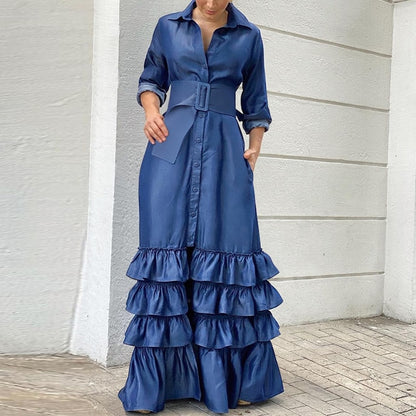 Party Maxi Dress Long Sleeve Denim Dress - Azahshopping