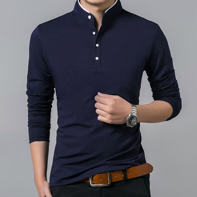 Full Sleeve Tshirt Men Solid Color Mandarin Collar Long Shirt - T-shirts