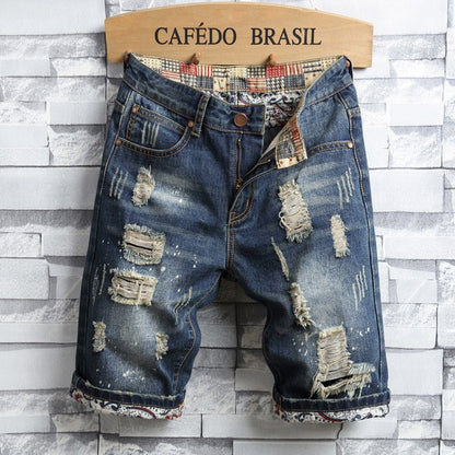 Retro Style Ripped Denim Shorts for Men