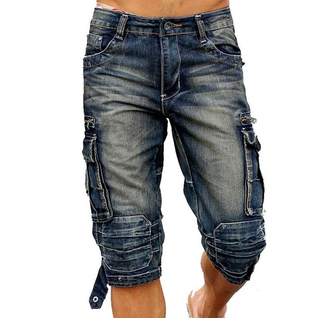 Retro Vintage Acid Washed Faded Multi Pockets Military Style Denim Shorts for Men