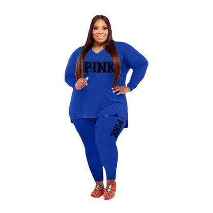 Two Piece Set Fashion Long Sleeve V Neck Top And Pants - Plus Size Sets