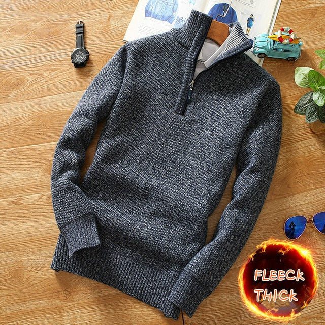 Sweater Half Zipper Turtleneck Warm Pullover Male Slim Knitted Wool