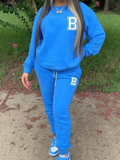 Round Neck Long Sleeve Dropped Shoulder Letter Print Blue 2 Two Piece Sets Tracksuit Outfits