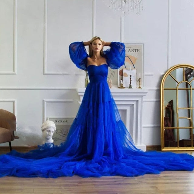 Royal Blue Bridal Tulle Maternity Dress with Detachable Sleeves Long Train - Azahshopping