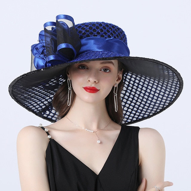 Women 16cm Wide Brim Flower Mesh Sun Hat Lady Bow Summer Beach Hat