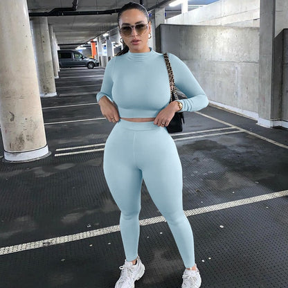 Long Sleeve Crop Tops Tshirt Leggings Pants Set Bodycon Tracksuits