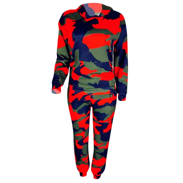 Long Sleeve Two Piece Set Hooded Print Camouflage Tracksuit - Azahshopping