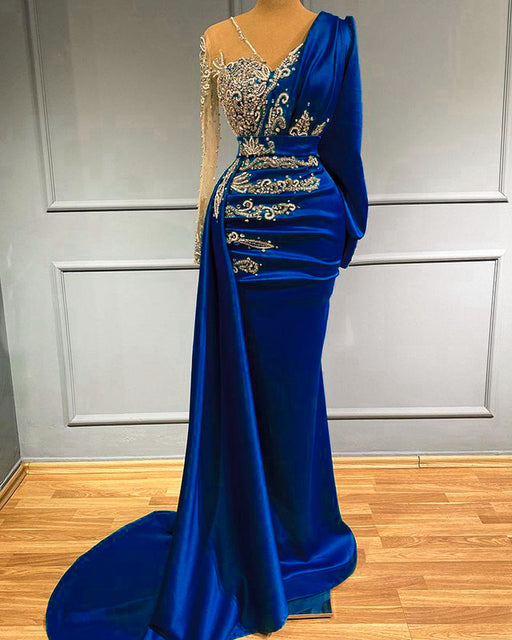 Exotic Elegant Mermaid Royal Blue Satin Formal Party Dress - Azahshopping