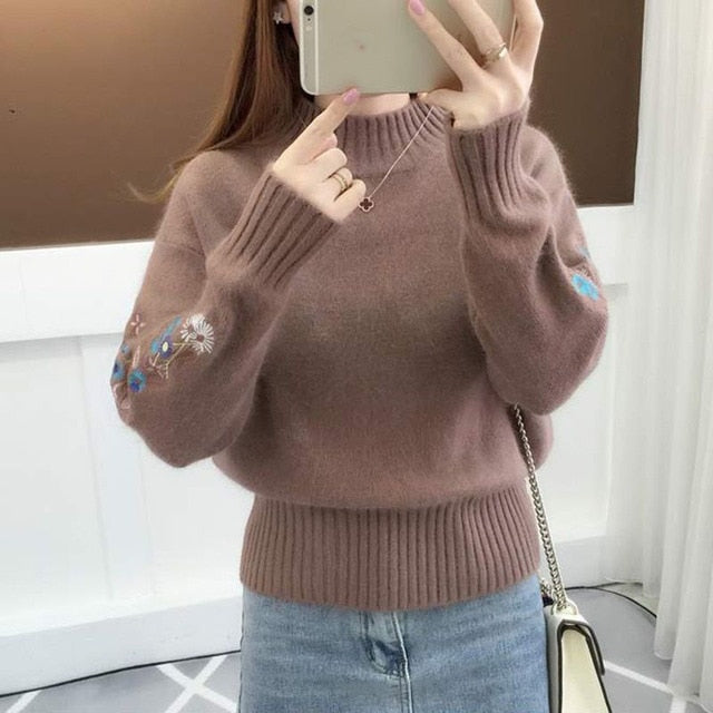 Women Knitted Sweater Floral Embroidery Thick Sweater - Azahshopping