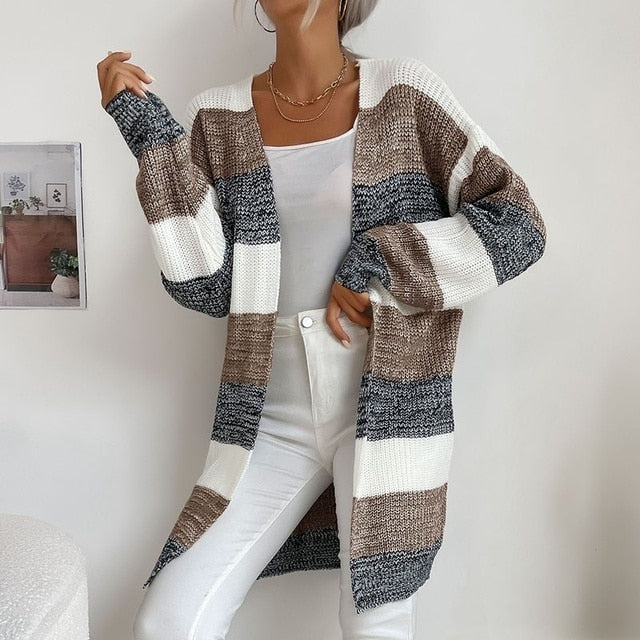 Women Knitted Cardigan Jacket Coat Striped Color - Azahshopping