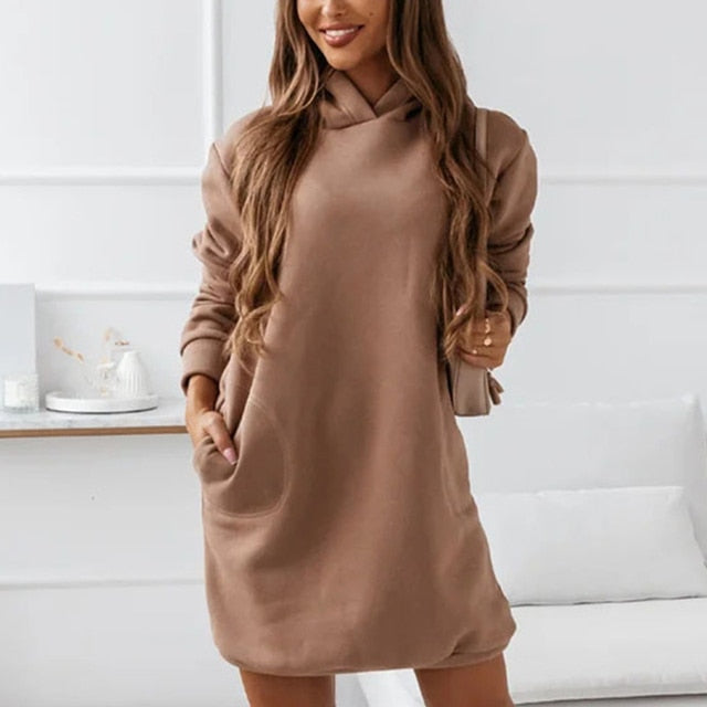 Vintage Pockets Loose Hooded Sweatshirt Long Sleeve Dress