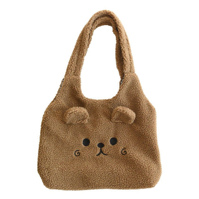 Soft Plush Tote Bag Cartoon Embroidery Imitation Lamb Hair Shoulder Bag For Women