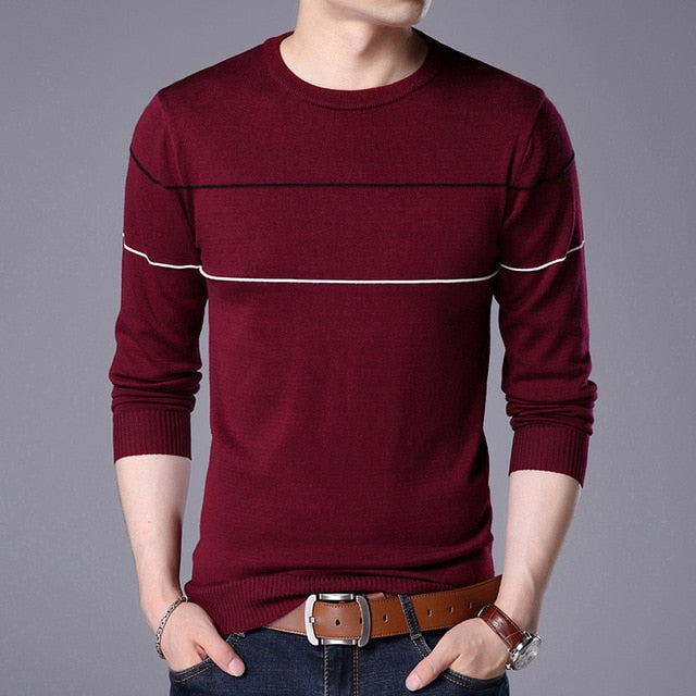 Knitted Sweater Round Neck Long Sleeve Pullover Stripe Patchwork