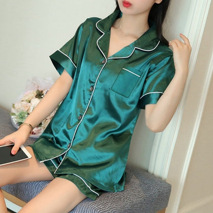 Pajamas Set Satin Silk Sleepwear Turn-down Collar 2 Pieces