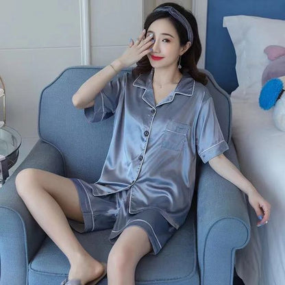 Pajamas Set Satin Silk Sleepwear Turn-down Collar 2 Pieces