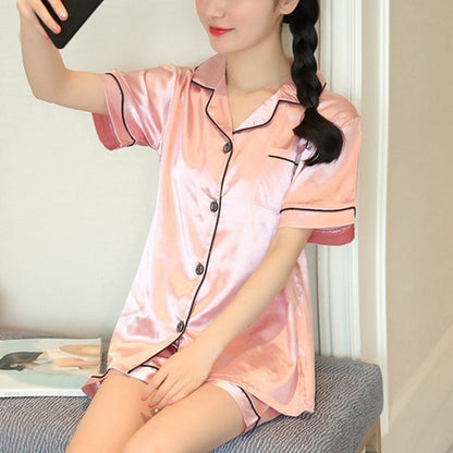 Pajamas Set Satin Silk Sleepwear Turn-down Collar 2 Pieces