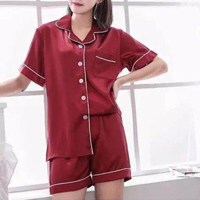 Pajamas Set Satin Silk Sleepwear Turn-down Collar 2 Pieces