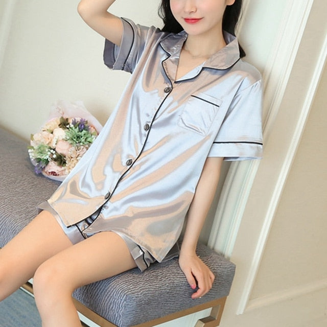 Pajamas Set Satin Silk Sleepwear Turn-down Collar 2 Pieces