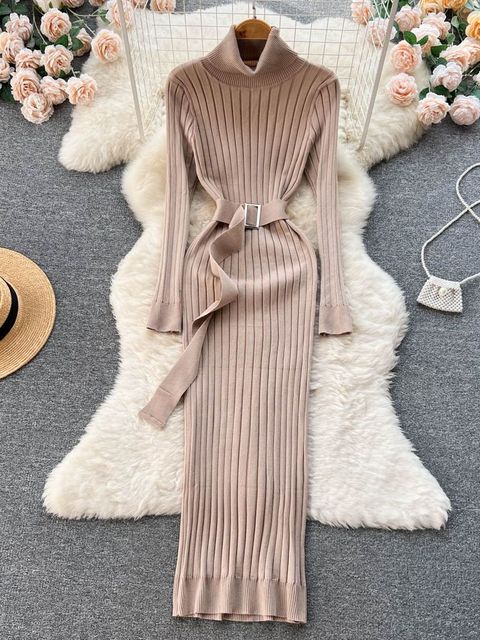 Winter Turtleneck Knitted Sweater Dress with Belt - Azahshopping