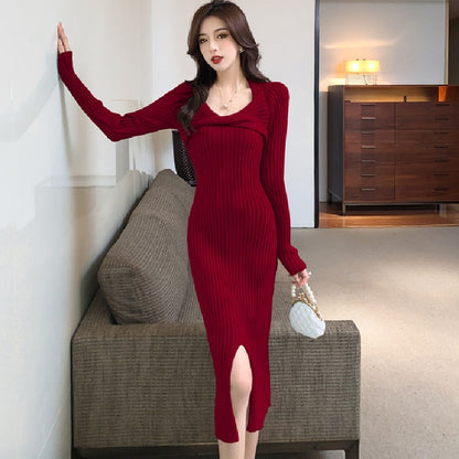 Folded Cross V Neck Bodycon Midi Dress For Women