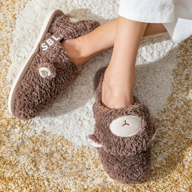 Non-slip Soft Warm House Shoes Men Ladies Indoor Bedroom Couples Cartoon Rabbit Bear Floor Slides