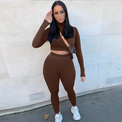 Long Sleeve Crop Tops Tshirt Leggings Pants Set Bodycon Tracksuits