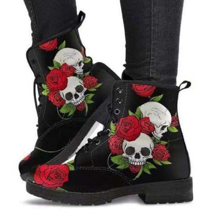 HOT Skeleton Women Snow Ankle Boots Motorcycle Skull Pansy Low Heels Shoes