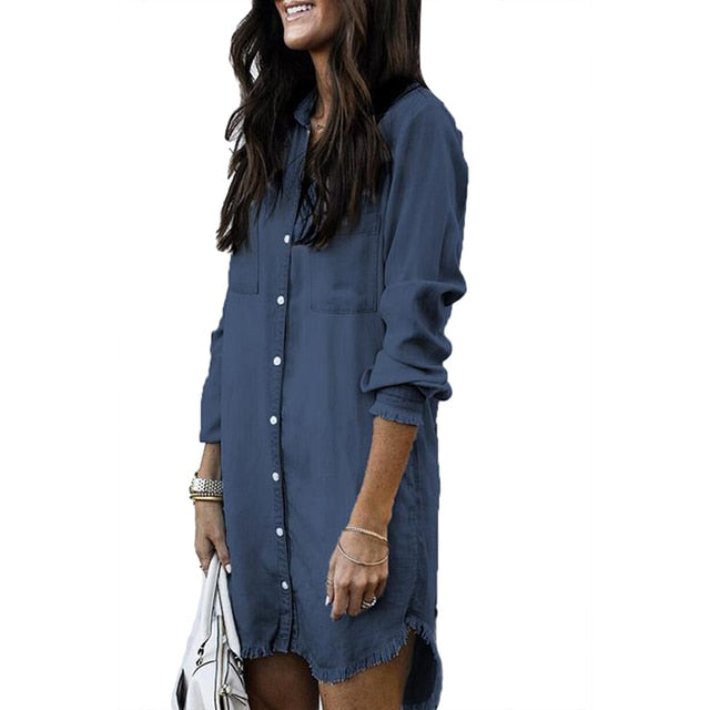 Retro Long Sleeve Buttoned Denim Dress - Azahshopping