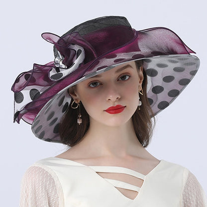 Women Summer Hat Black Dot Pattern Ruffle Wide Brim Ladies Organza Hat